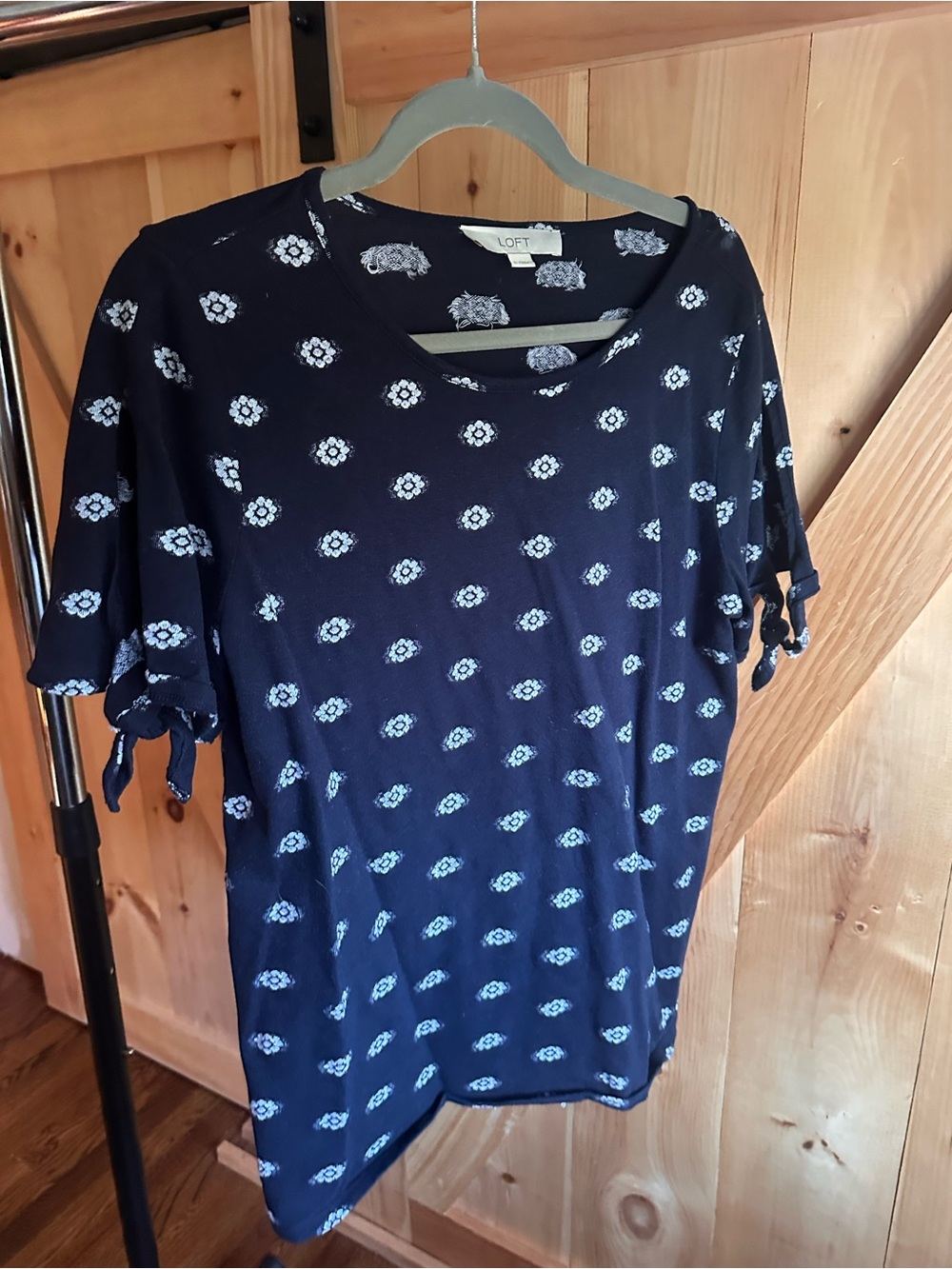 2/$20 LOFT Navy Blue Floral Tie-Sleeve Blouse, Large